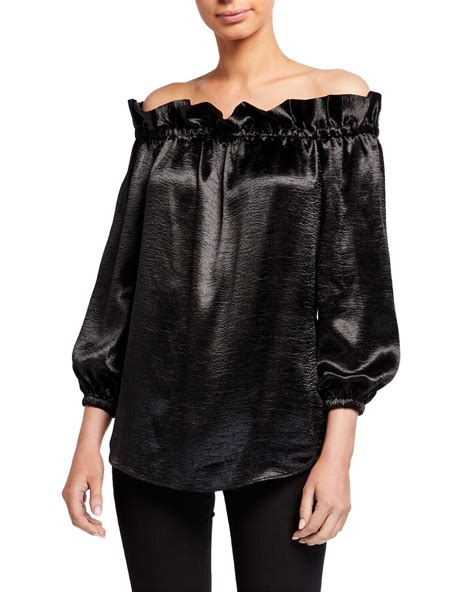 michael michael kors garcie satin off the shoulder blouse black|Snake Print Satin Back Crepe Off.